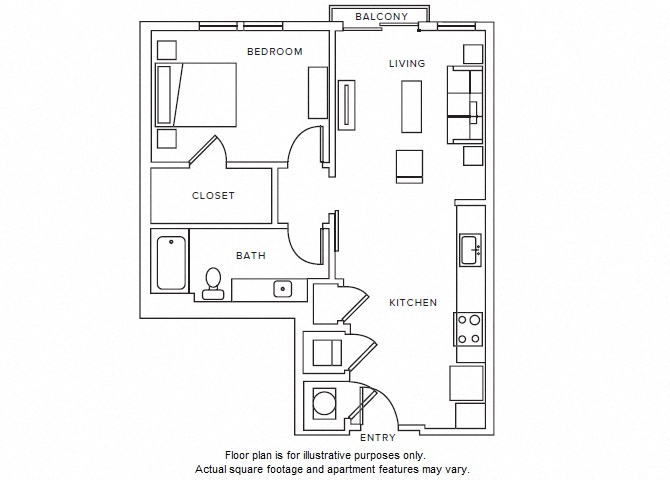Floor plan for 1 bed, 1 bath, 792 sqft